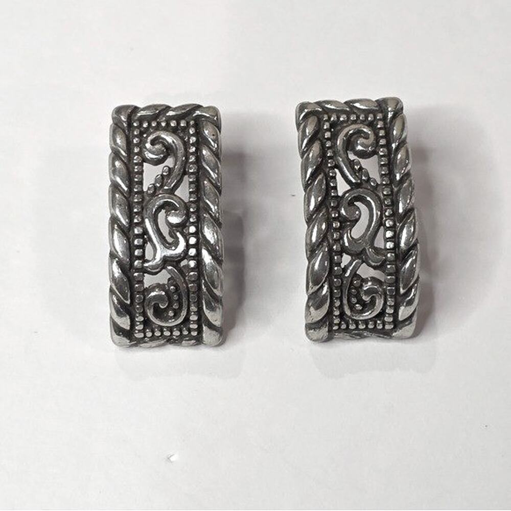 Brighton Silver Tone Scrollwork J-Hoop Earrings with Rope Border and Heart Back